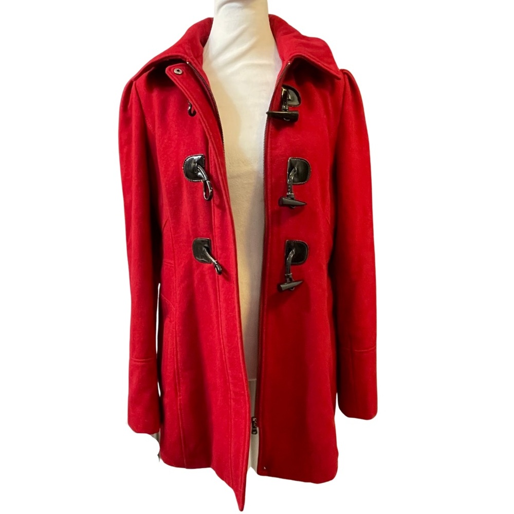 GUESS RED L Wool Blend Duffle Coat Detachable Hood Toggle Jacket Patton Loops - Picture 4 of 16